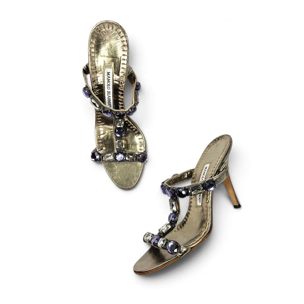 Vintage Manolo Blahnik Heels Silver Jeweled Y2k Mules - Size 37.5 EU (US 7)